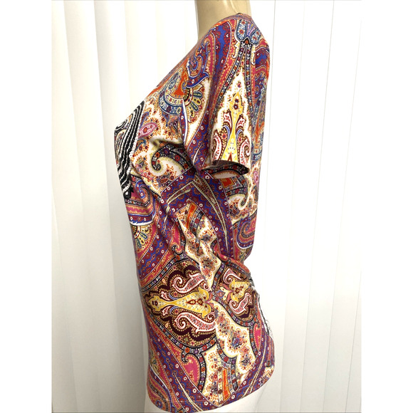 ETRO Top Blouse T Shirt Tee Round Neck Multi Color Paisley Short Sleeve 46 10 M - Picture 5 of 6
